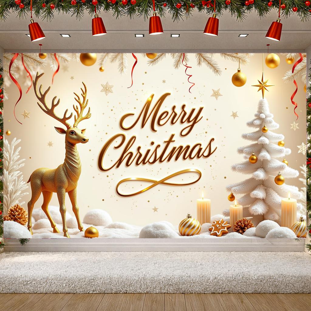 Seasonal Banner Candles Display Festive Decoration Holiday Banner Snow Effect Reindeer Decoration For Holiday Event Seasonal