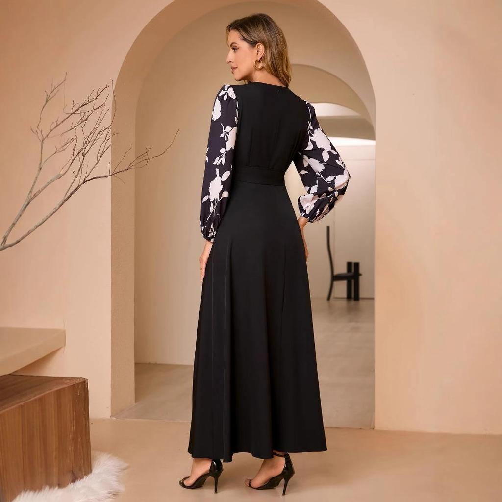 New Women's Lace Spliced Printed Midi Dress - Middle Eastern Muslim Fashion