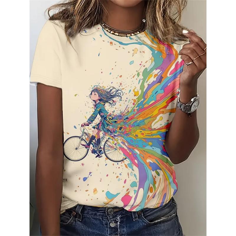 Fashion Women's Crew Neck Short Sleeve 3D Casual Color Printing Casual Short Sleeve Crew Neck T-Shirt