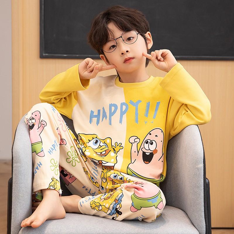 Boys Cotton Pajama Set Long Sleeve Cartoon Print Sleepwear Kids Teens Home Wear