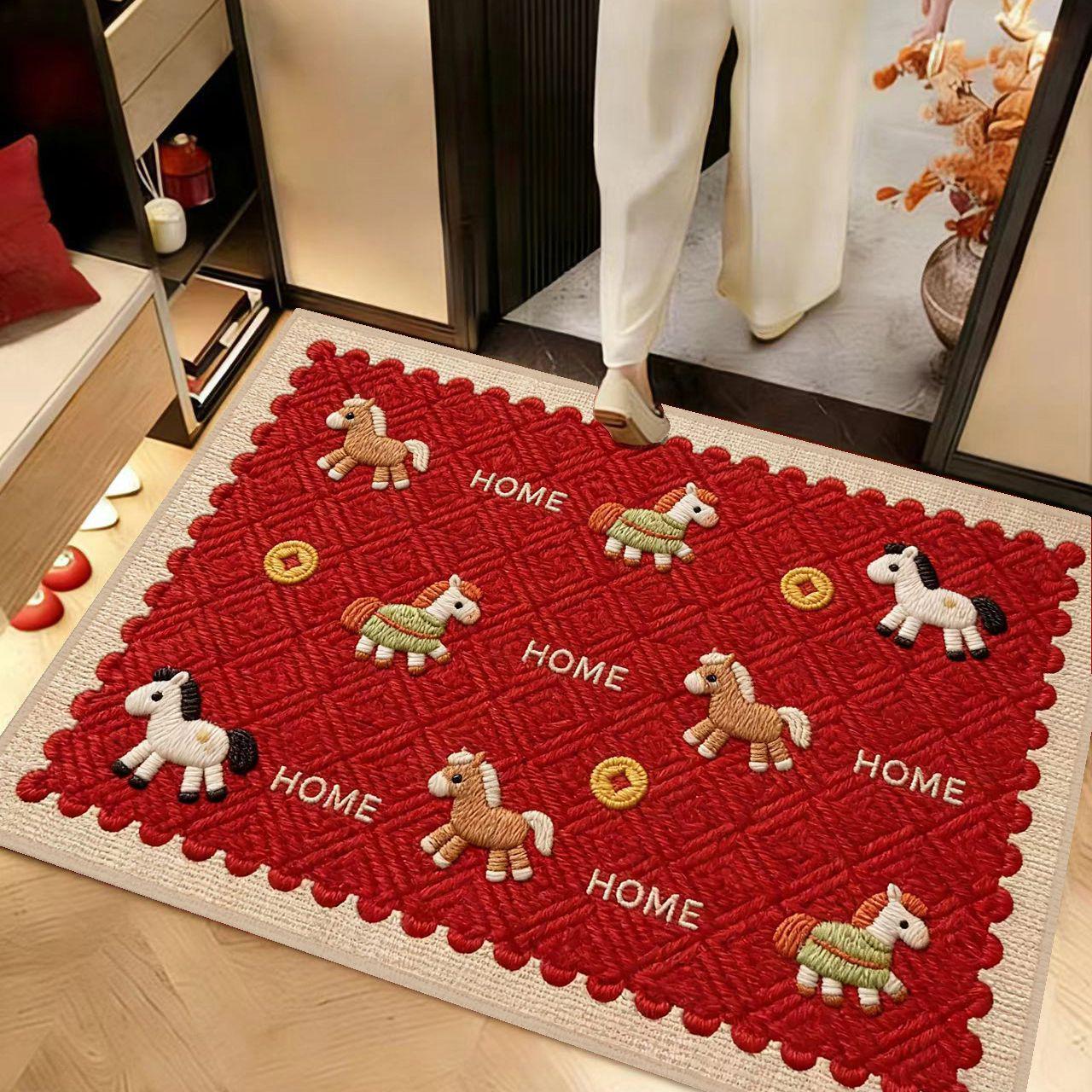 2026 Festive Red Horse New Year Anti-slip Doormat: Dust Removal, Wear-resistant Entrance Carpet 40*60cm