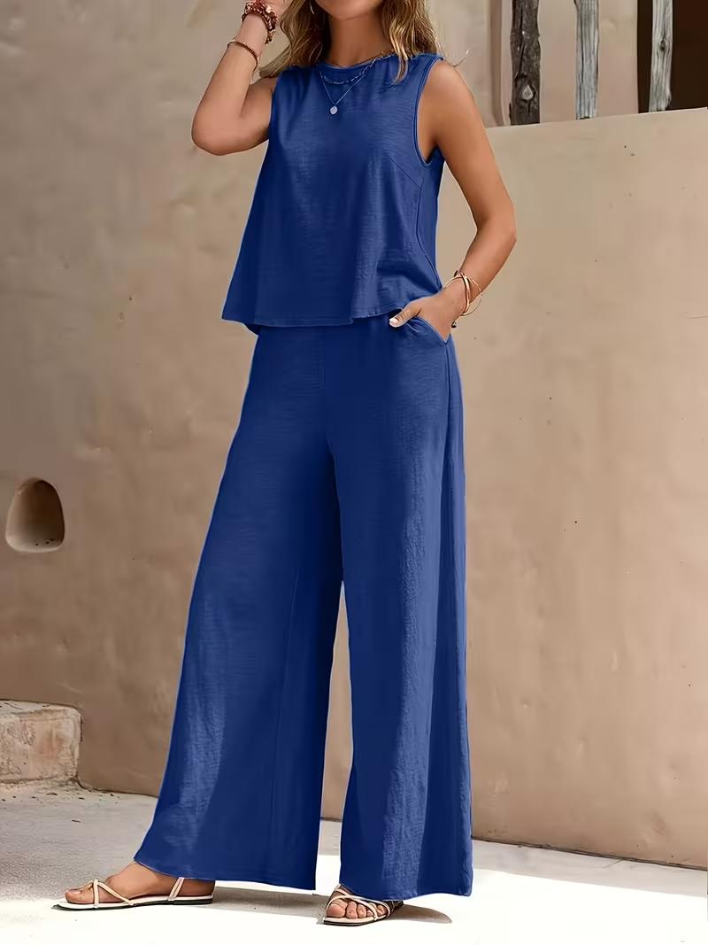 

Women Sleeveless Top and Wide Leg Pants Set Solid Color Two Piece Outfit Lightweight Breathable Casual Summer Loose Fit Set 2XL синій