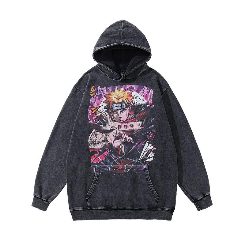 Harajuku Ukiyo-E Cartoon Print Heavy Hoodie American Street Hip Hop Washed Hoodie For Men And Women
