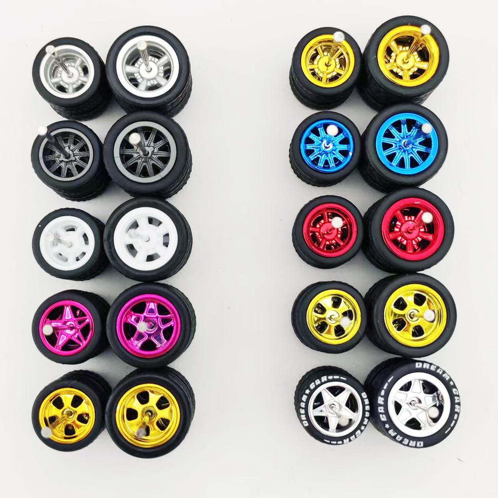 10 Sets 10.8mm 12.8mm 1/64 Alloy Car Staggered Wheels Front Small Rear Large Wheel Progressive Drag Tires Advan for Hot Wheel
