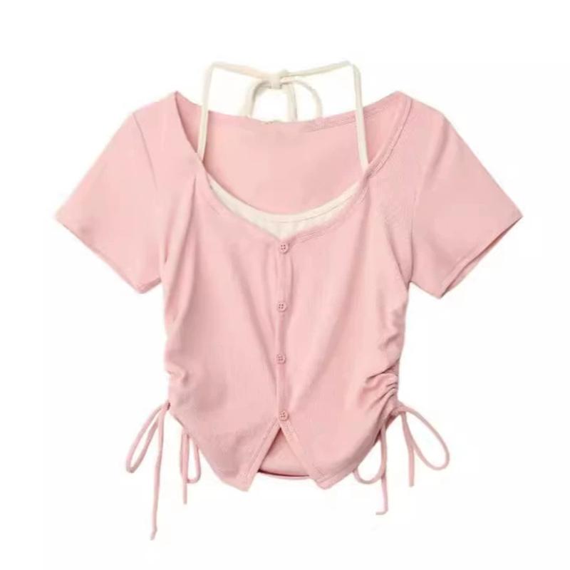 

Женская базовая повседневная футболка с низким вырезом в стиле пэчворк с коротким рукавом и сексуальным халтером L розовый