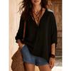 Women V Neck 3/4 Sleeve Linen Cotton Blouse Loose Casual Solid Color Summer Tops