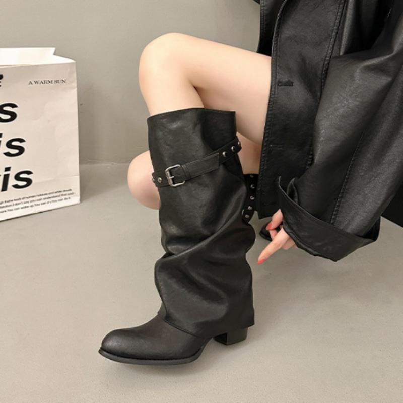 Botas de Caña Alta Holgadas Apiladas para Mujer con Remaches Vintage Hebilla de Metal Correa Tacón de Bloque Bajo Botas Vaqueras Calzado de Moda Retro Street