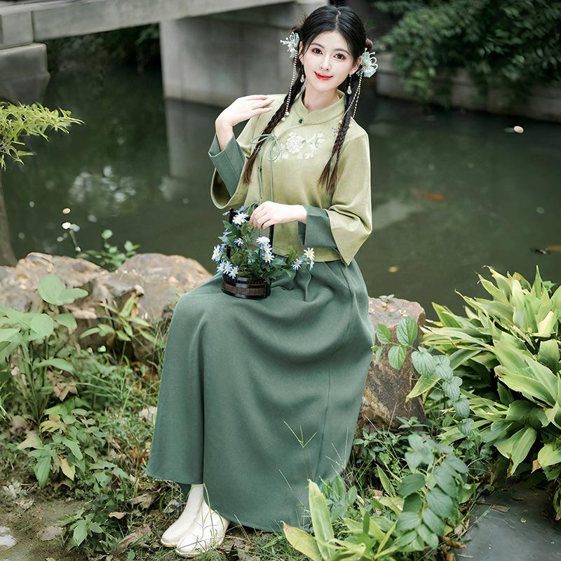 Podzimní/Zimní Retro Vyšívaný Tang oblek Hanfu Cheongsam Dvoudílný set