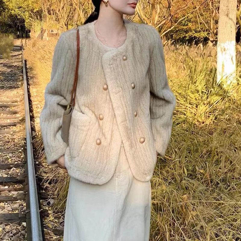 2024 Autumn/Winter Women's Faux Mink Stripe Cardigan: Round Neck, Long Sleeve, Socialite Lazy Style