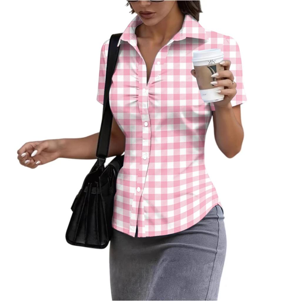 Women's Short Sleeve Button Down Shirt Slim Fit Collared Blouse Lightweight Breathable Summer Top for Casual Workwear