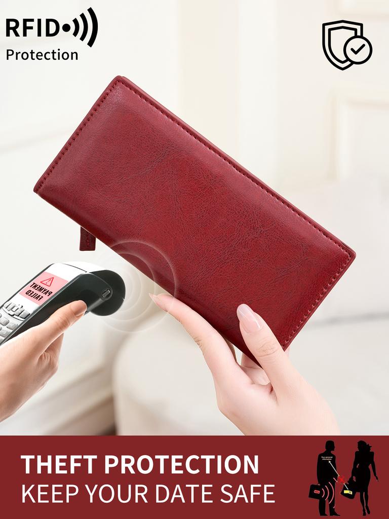 Portefeuille Minimaliste Ultra-fin pour Femme Blocage RFID Porte-cartes de Crédit Pliage Bifold Long Portefeuille pour Femme Couleur Unie Pochette Portable