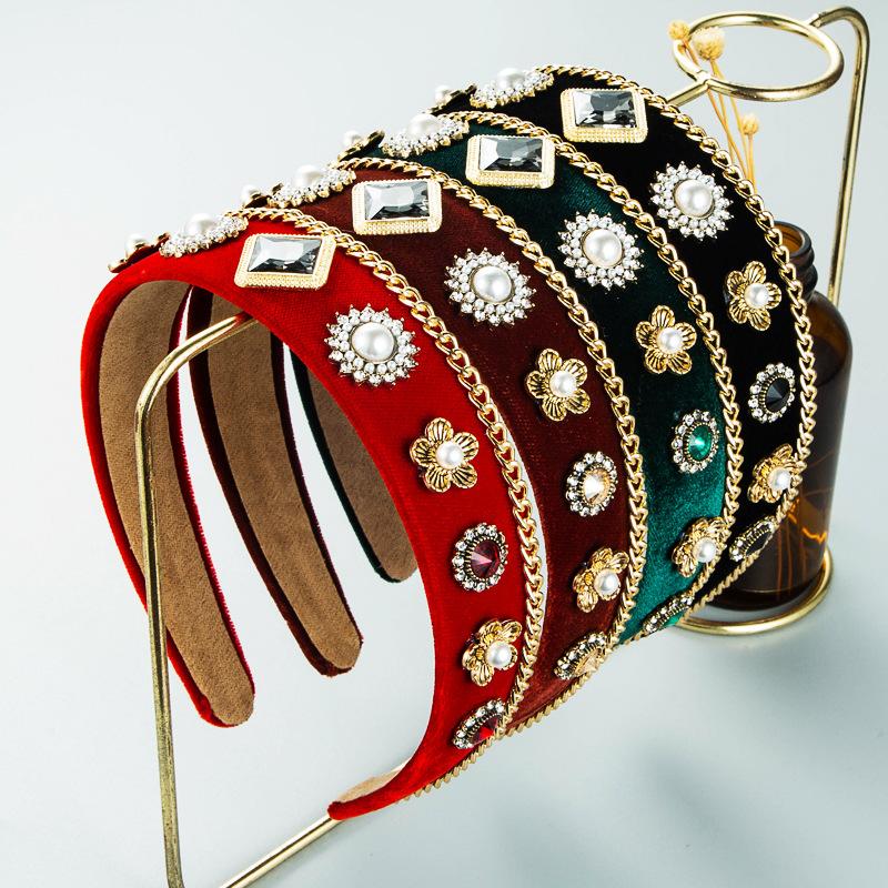 

Женская повязка для волос с широким краем, цепочка в стиле барокко для ногтей, жемчужные цветы, повязка на голову с шампунем, милый обруч для волос, головной убор с губкой