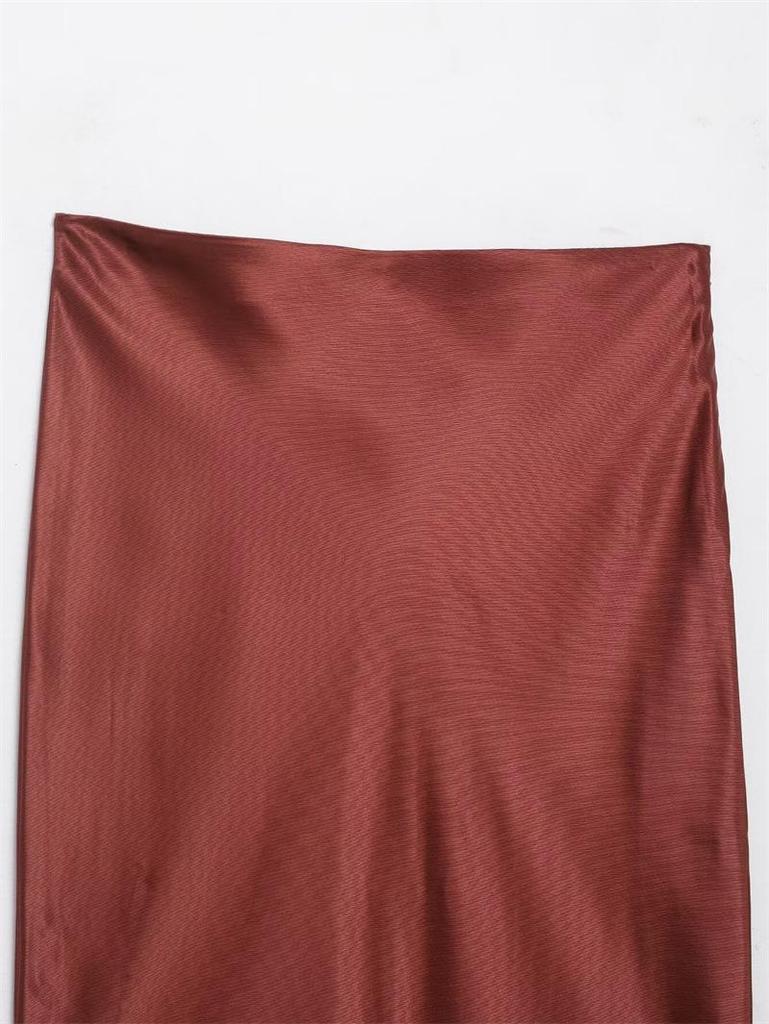 Women's European & American Color Block Lace Trim Silk Satin Skirt