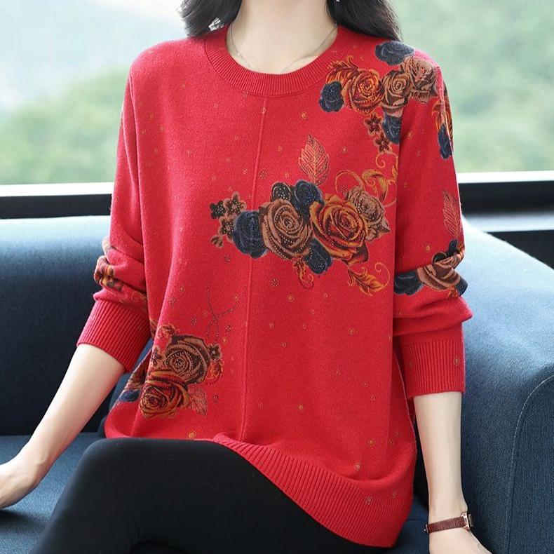Women's Printed Wool Sweater Loose-Fit Crew Neck Plus-Size Sweater Autumn and Winter Warm Soft Stretchy Knit Top