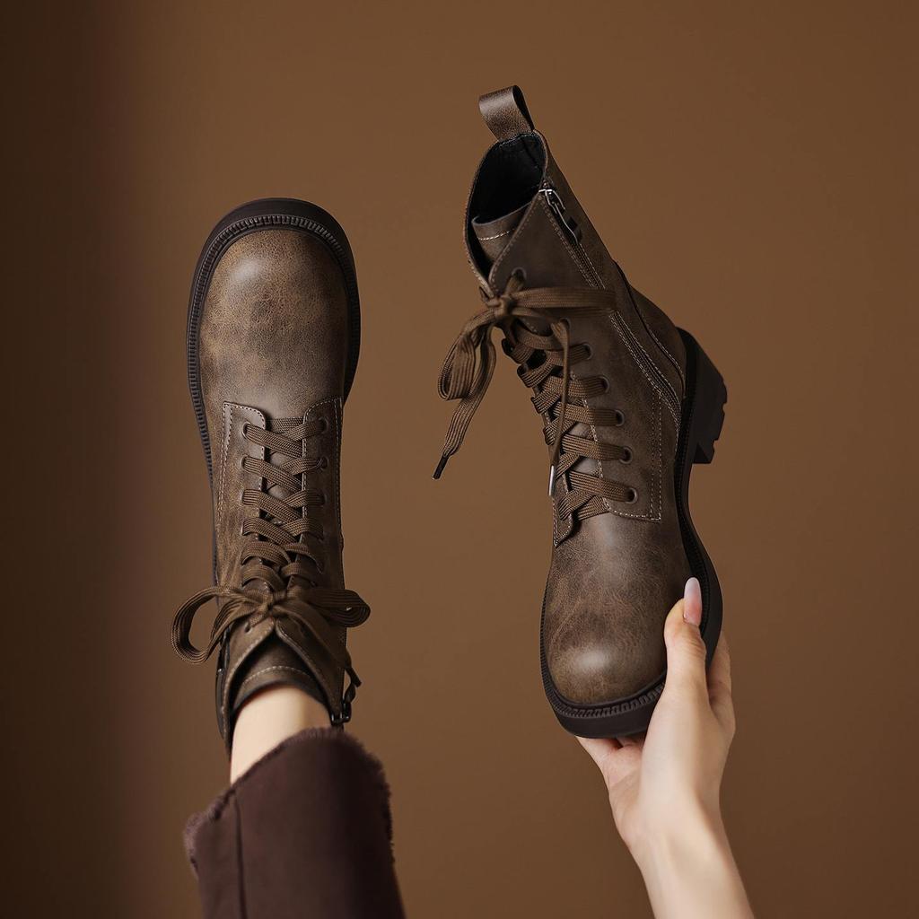 Krazing Pot Genuine Leather Winter Round Toe Western Boots Med Heels Women Cross-tied Lace Up Women Ankle Boots