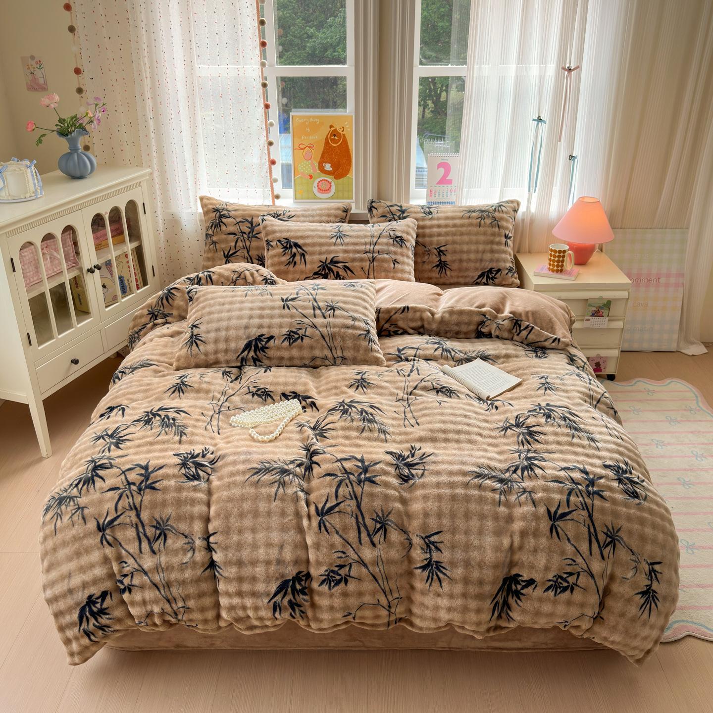

New simple printing bubble milk fleece four-piece set student dormitory cartoon thickened bed sheet quilt cover kit household 1.8m bed sheet 4pcs