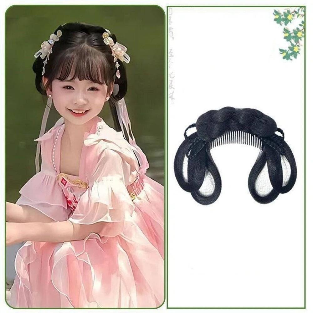 Headdress Girls Chinese Chignon Black Princess Hair Bun Cosplay Wig Integrated Hair Bun  for Kids