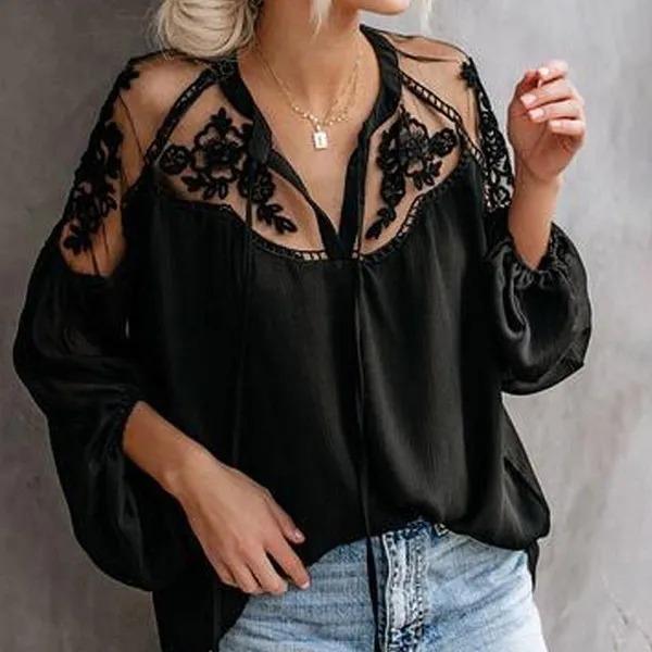 

Женская шифоновая блузка, уникальный прозрачный кружевной тканевый модный топ с цветочной вышивкой XL чёрный