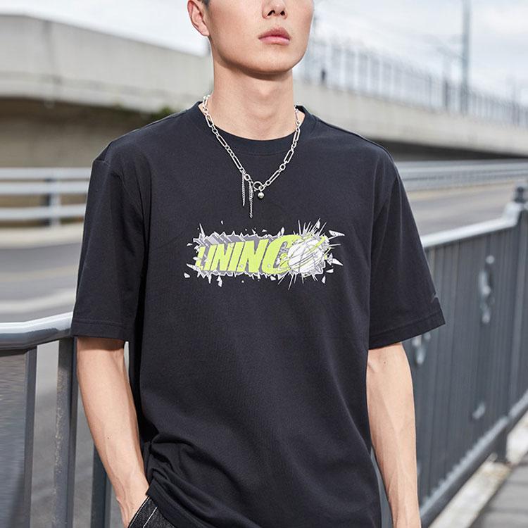 Li-Ning Sports Fashion Series Round Neck Pullover Short Sleeve T-Shirt Men Tops Black AHSR403-2