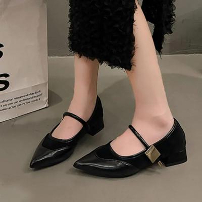 2024new Womens Casual Low-heeled Loafers Black Brown Shallow Mouth High Heels Retro Metal Sexy Pointed Party Thick Heels Zapatos