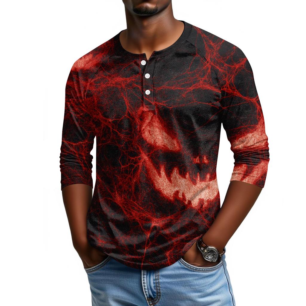 Men's Casual Halloween Print Henley Shirt Three Quarter Sleeve Raglan Top Lightweight Breathable Fabric Comfortable Fit