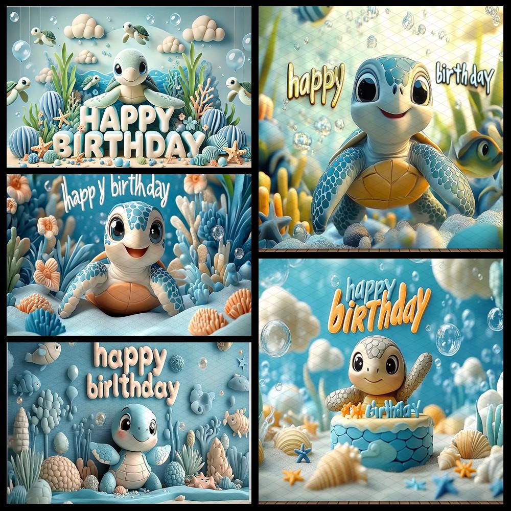 Cute Turtle Theme Birthday Banner Photography Background Blue Decorative Baby Shower Photo Studio Portrait Shooting Background