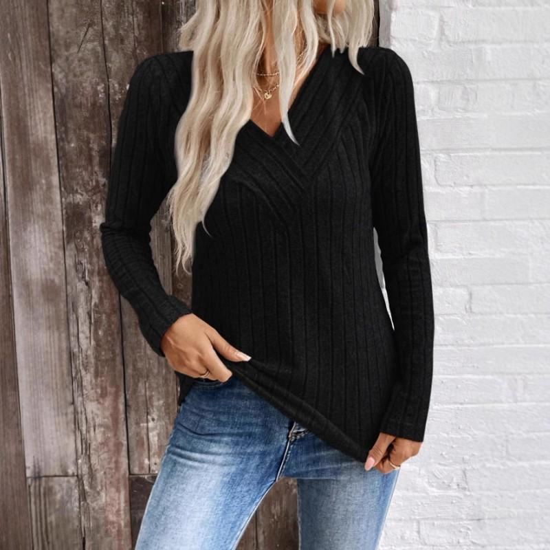 Womens V-Neck Long Sleeve Knit Top Casual Pullover Sweater Soft Comfort Fit Regular Cut
