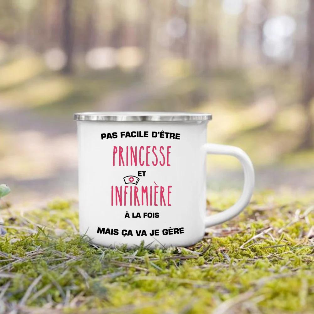 

Best Nurse French Printed Enamel Mugs Coffee Cups Drink Wine Juice Mug Dessert Cocoa Milk Handle Cup Best Gift for Infirmiere 360ml
