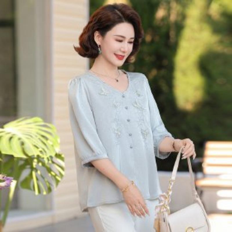 Women's Pink Embroidered Blouse V-Neck Half Sleeve Loose Fit Casual Top for Middle-Aged