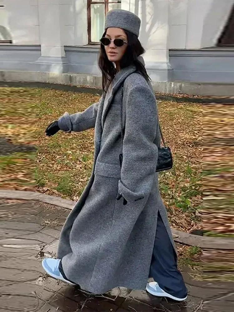 Palton Lung din Lână Artificială pentru Femei Palton cu Gât în V și Dublu Piept pentru Femei Palton Lung Gri pentru Femei, Rezistent la Vânt și Călduros Stil Clasic Minimalist