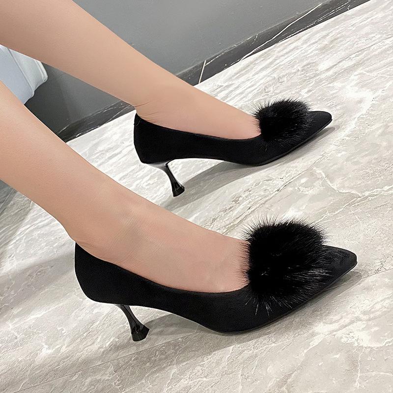 Women's Fashionable Furry Stiletto Heels - Comfortable, Versatile, Pointed-Toe High Heels for Autumn/Winter.