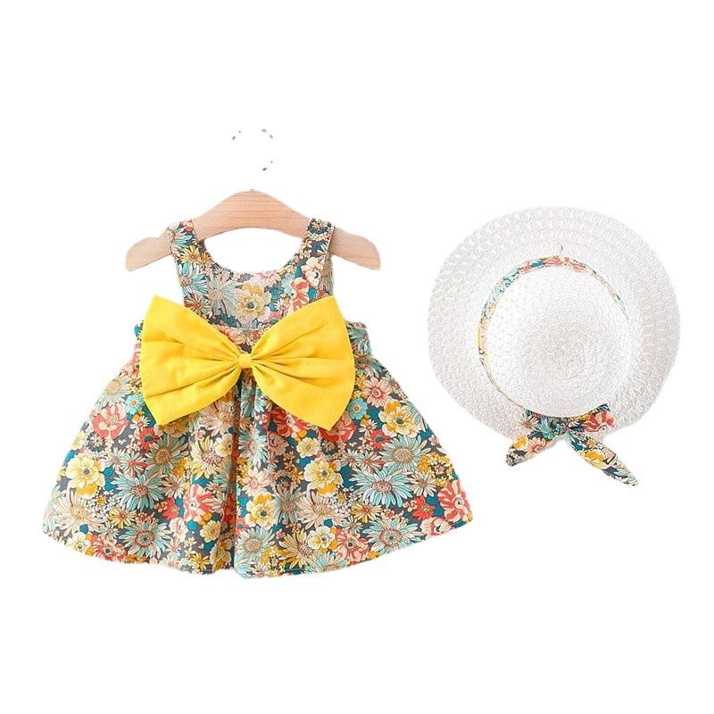 Children's Bow Princess Dress Send Hat Girl's Beach Dress