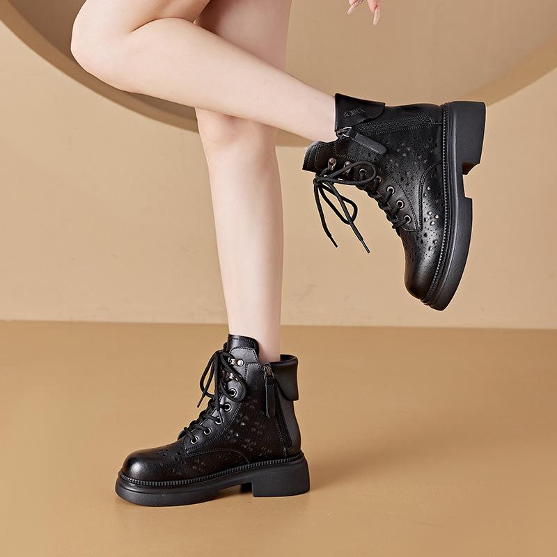 

2025 Small Leather Hollow Women s Thick Bottom Korean Edition Double Zipper Women s Leather Boots Lace Casual Shoes 40