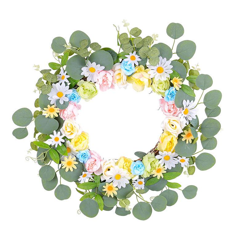 Spring Artificial Flower Daisy Wreath Summer Colorful Rose Wreath Door Hanging Outdoor Garden Decorations