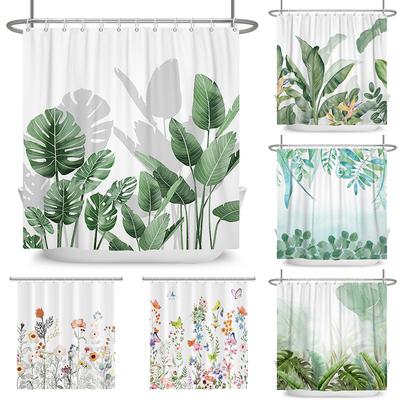Tropical Greenery Leaf Shower Curtain Tulip Bathroom Curtain Romantic Refreshing Curtain Polyester Waterproof Bathroom Shower