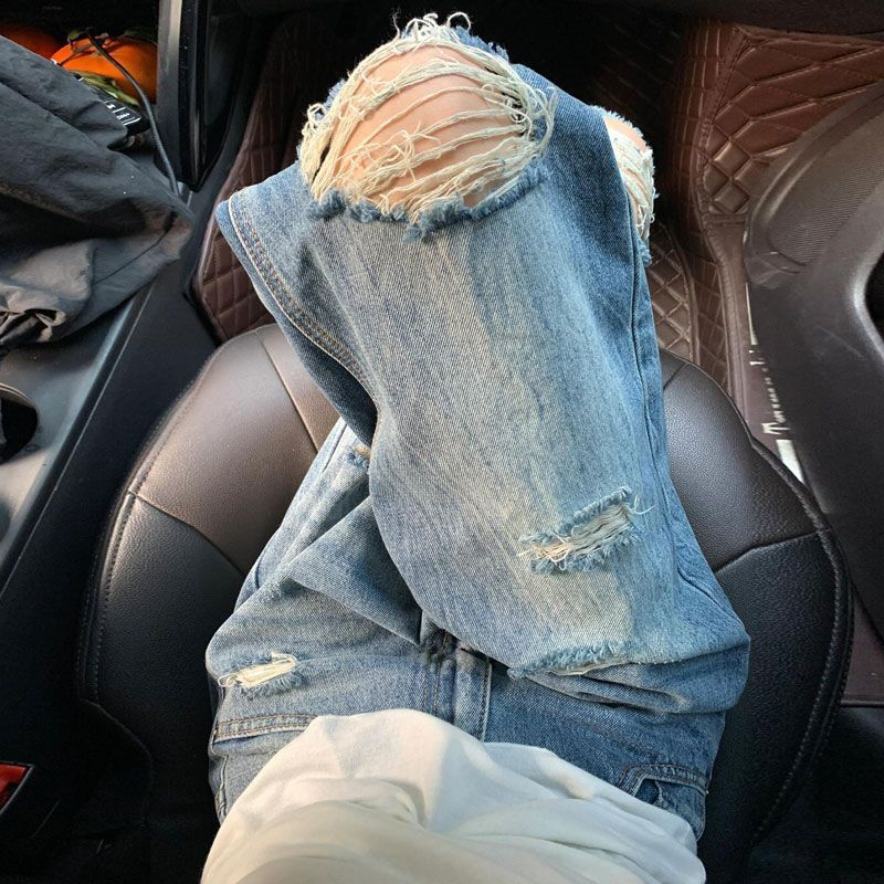 

Удобные джинсы с высокой посадкой, с эффектом старой стирки, с рваными дырами, широкие, свободные, больших размеров, тонкие, удлиненные брюки, джинсы для женщин, длинные джинсовые брюки 4XL