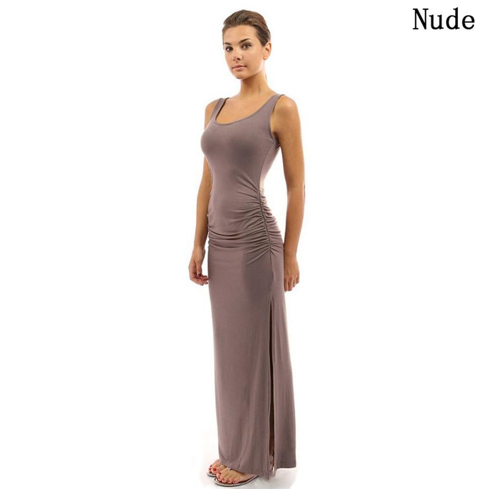 Elegant Summer Women Round Neck Slim Pleated Skirt Long Dress Sleeveless Split Swing