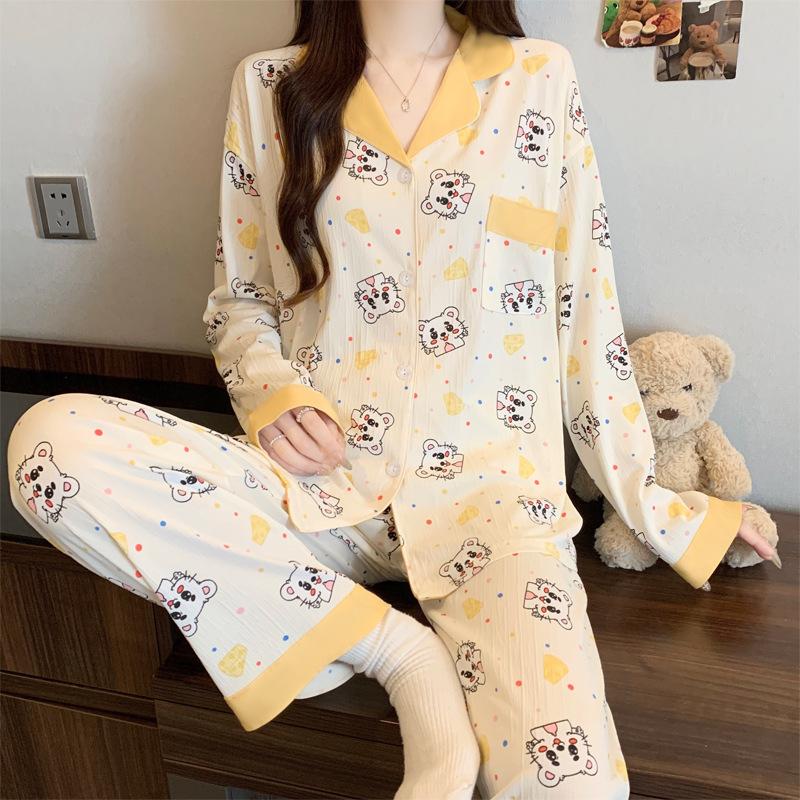 ins style girlish pajamas women's spring and autumn long-sleeved sweet bow full print casual loungewear set
