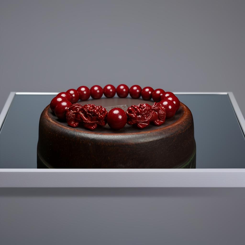 1 Stück Elegantes Zinnoberstein Pi Xiu Glücksarmband Nationalstil Charm-Armband mit geschnitzten Pixiu-Perlen