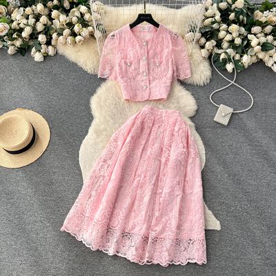 Verão feminino luxo malha bordado flor conjunto único breasted miçangas bolsos camisa superior + zíper saia longa duas peças ternos