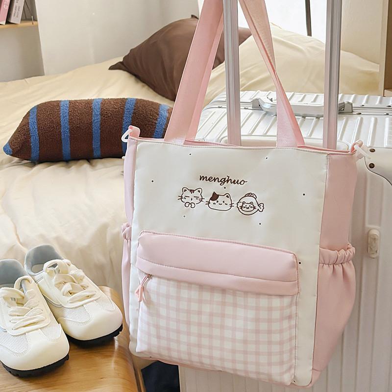 Grid Cat Fashion Embroidery Pattern Unisex Nylon School Backpack For Daily Use