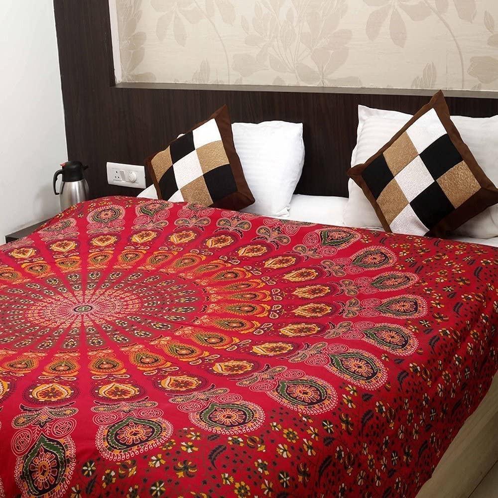 Golden Indian Bohemian Peacock Mandala Tapestry Wall Hanging