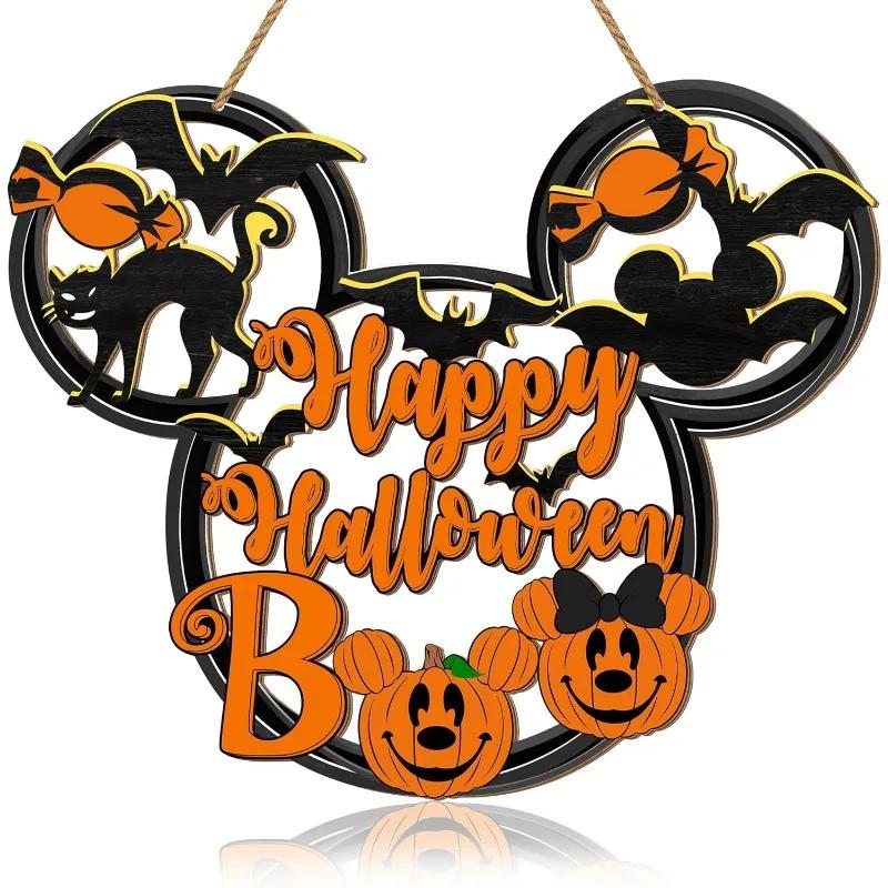 

Happy Halloween Mouse Door Sign - Hollow-Out Wooden Decor with Black Cat, Mouse Bat & Pumpkin Boor for Porch or Wall Hanging