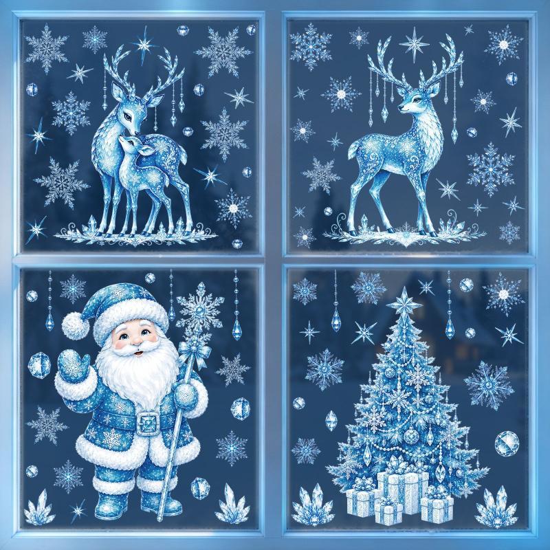 Blue Christmas Window Static Clings With Santa Snowman Reindeer Patterns For Home Xmas Party Decorations
