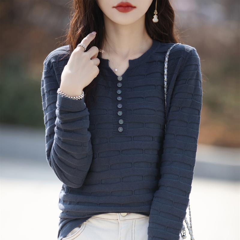 Autumn Winter Women Cotton Sweater V-neck Half Open Buckle Pullover Square Pit Sweater Slim Knitted Warm Bottoming Tops