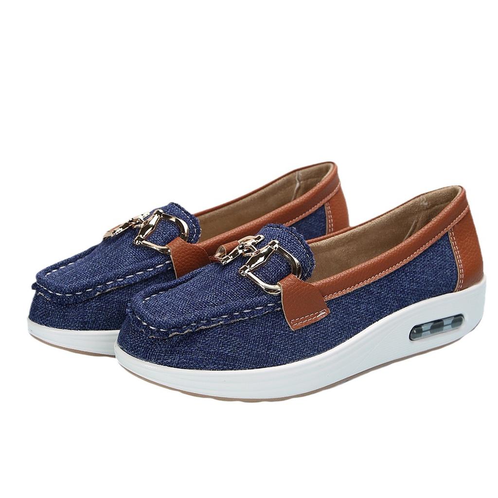 Spring New Thick-soled Round Head Metal Buckle Low-top Single Shoes European and American Casual Large-size Doudou Shoes