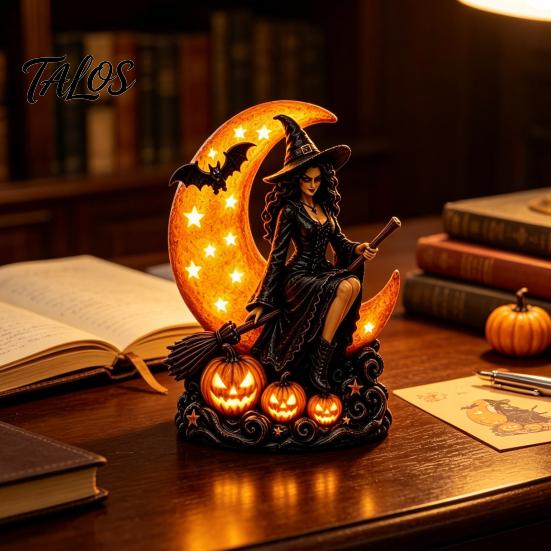 Indoor Halloween Ornaments Witch On Crescent Moon Decorative Light, Gothic Resin Crafts Lamp, Figurine for Home Tabletop Spooky Seasonal Decor Magical