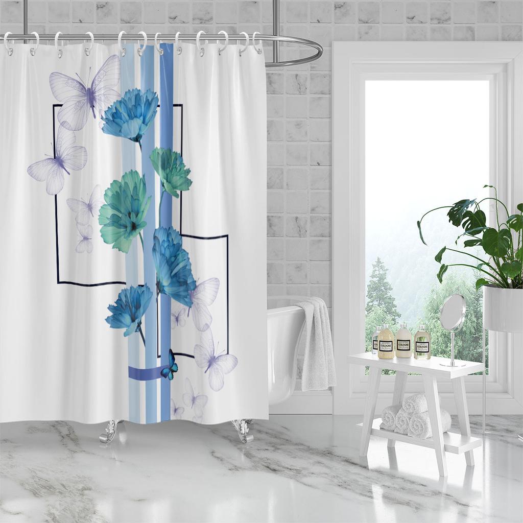 1 Blue Trumpet Vine Printed Waterproof Shower Curtain Shower Partition Bathroom Privacy Protection With 12 Hooks Easy To Install