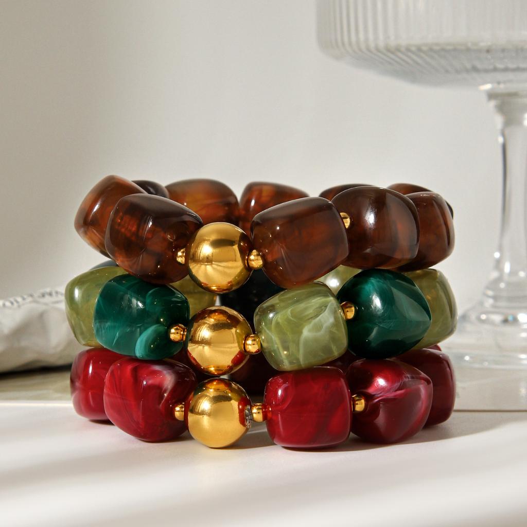 Boho Buntes Klobiges Harzperlen Armband für Damen Vintage Edelstahl Goldfarbe Perlen Schmuck Mode Party Geschenk