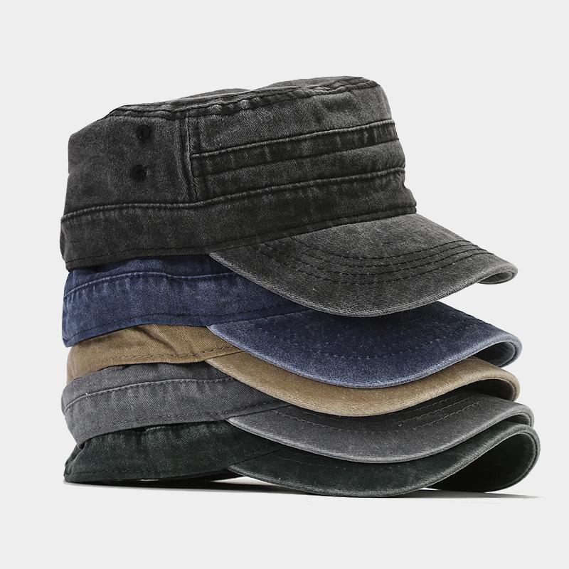 British Navy Retro Washed Vintage Flat Top Baseball Cap Unisex Military Training Short Brim Sunshade Solid Color Plain Hat